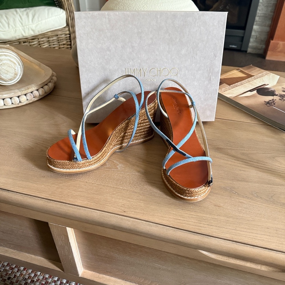 Jimmy Choo Blue and Brown Wedge Sandals